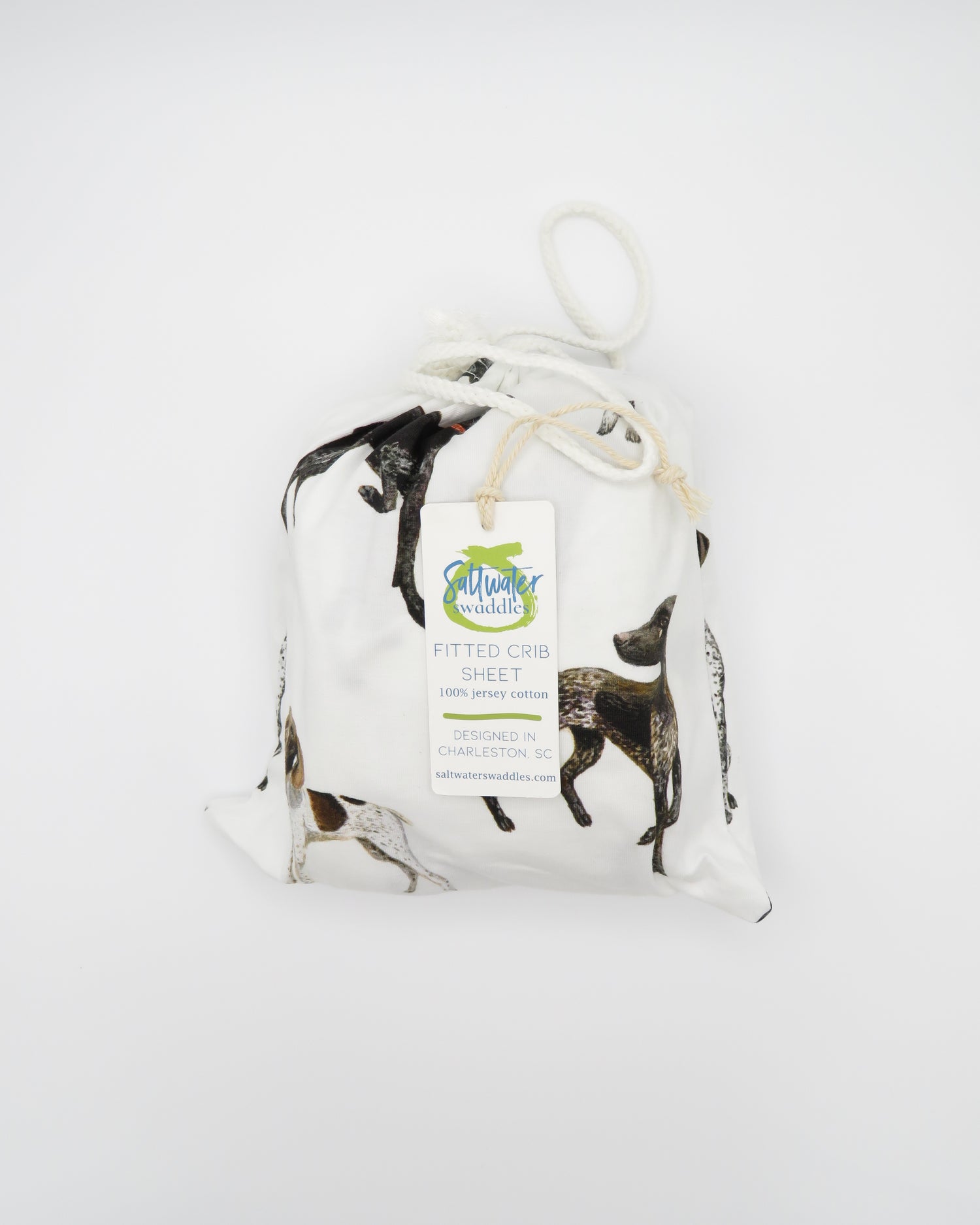 German Shorthaired Pointer print crib sheets featuring a variety of GSP patterns in 100% soft white cotton fabric.