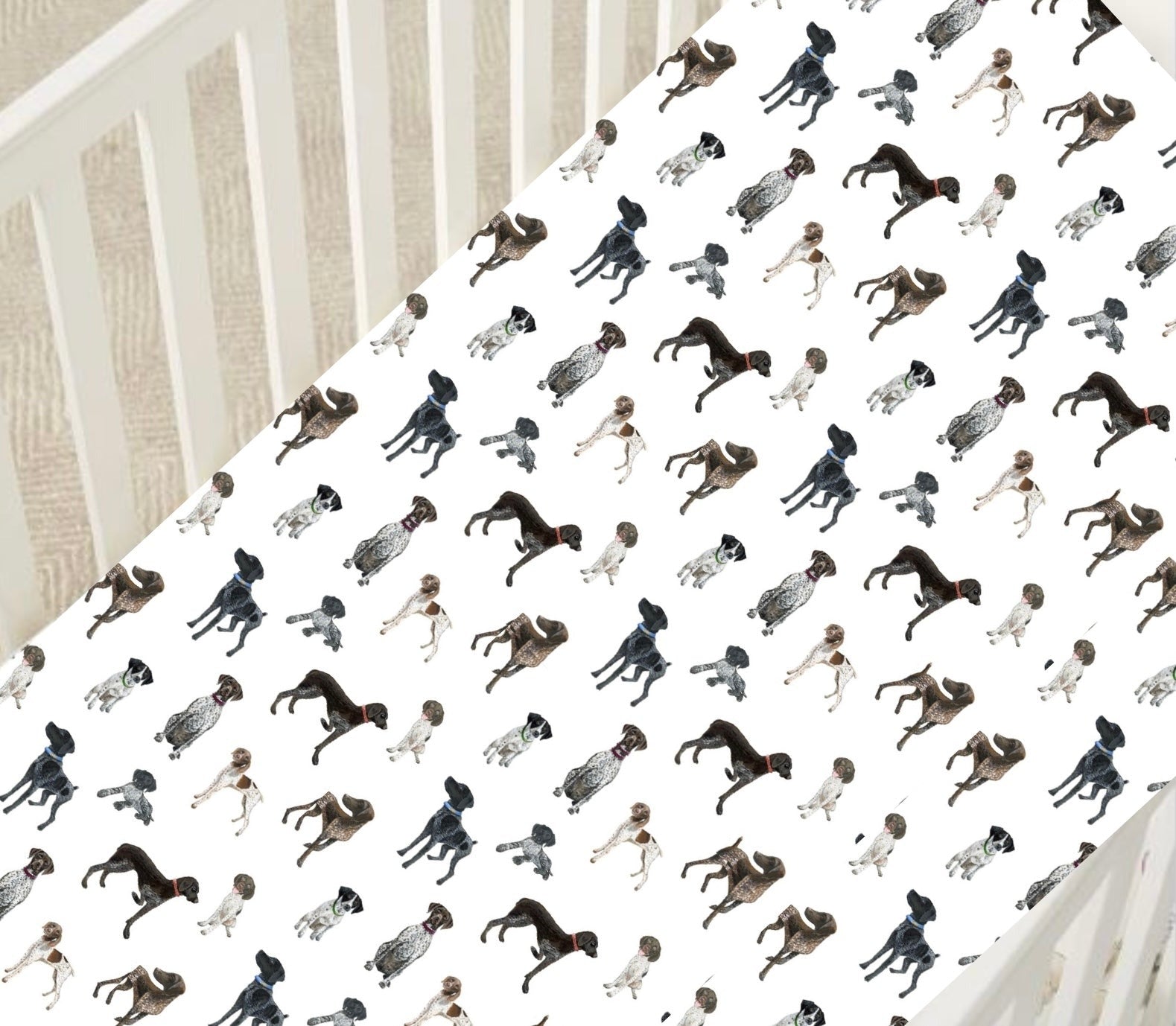 German Shorthaired Pointer pattern crib sheets featuring a variety of GSP patterns in 100% soft white cotton fabric.