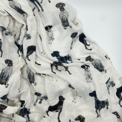 Comfy and breathable swaddle with German Shorthaired Pointer printed on soft white fabric, good for baby’s early days