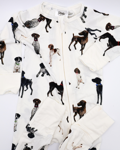 German Shorthaired Pointers pattern convertible zip footies, printed on soft white fabric. Shown displayed flat on a white background.