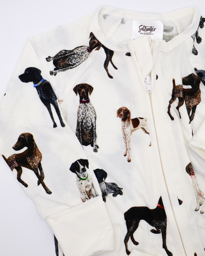 German Shorthaired Pointers pattern convertible zip footies, printed on soft white fabric. Shown displayed flat on a white background.