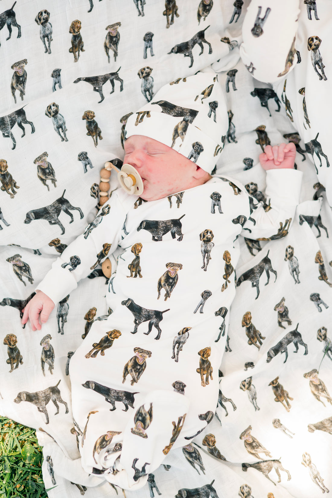 German Wirehaired Pointer print newborn gown and matching hat set for baby boys and girls
