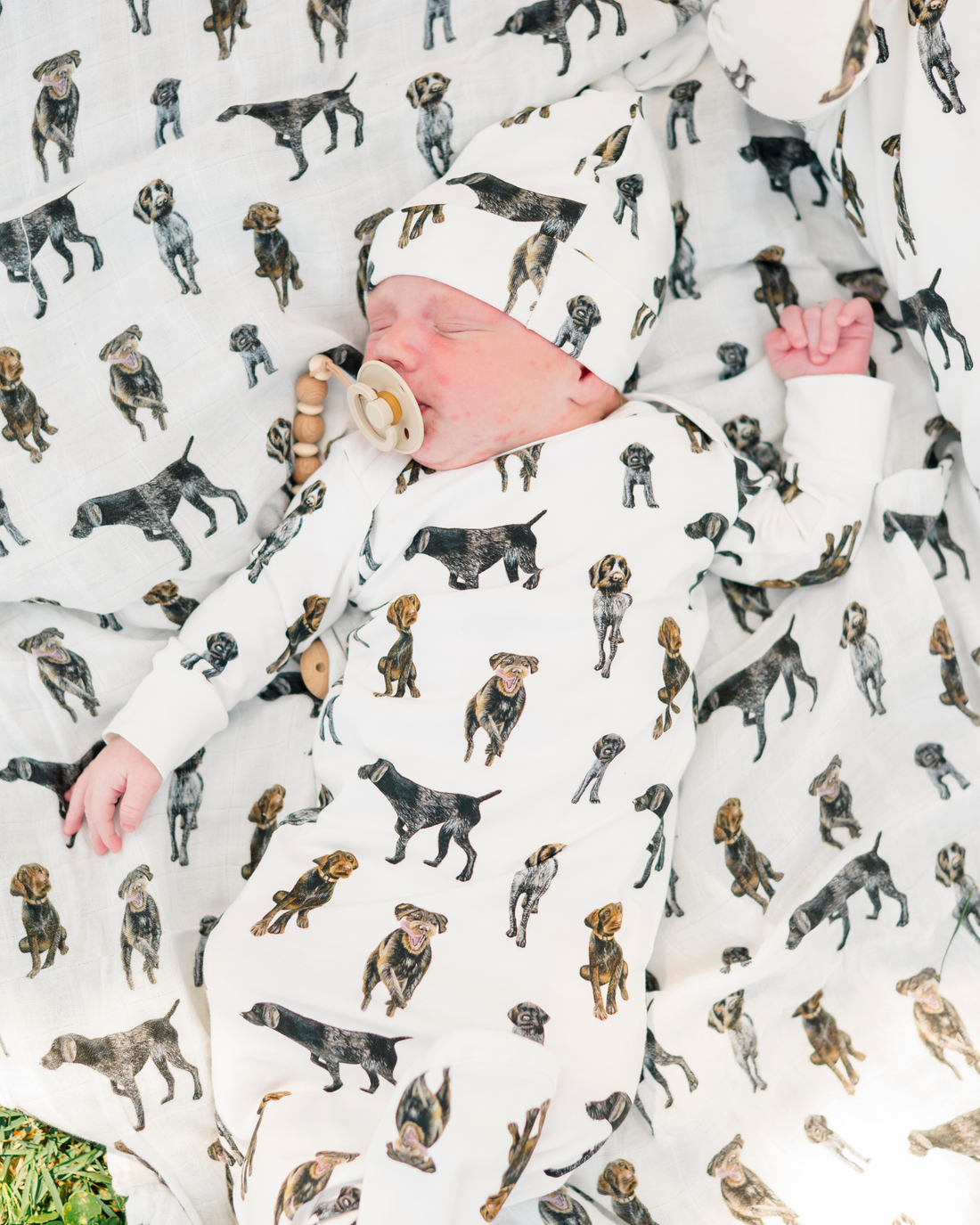 German Wirehaired Pointer print newborn gown and matching hat set for baby boys and girls