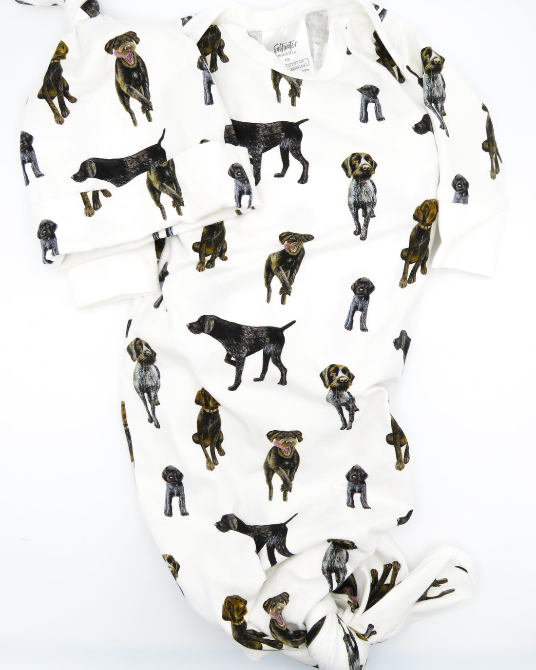 German Wirehaired Pointer print newborn gown and matching hat set for baby boys and girls