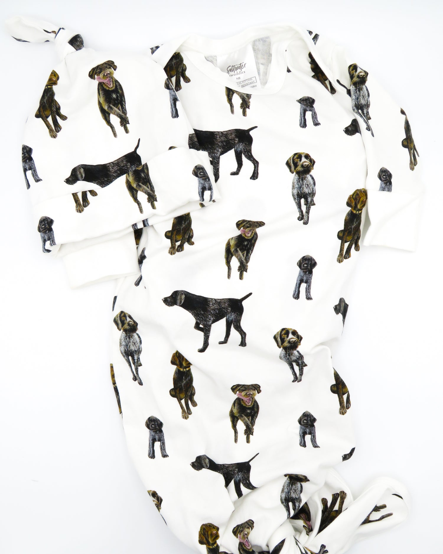 German Wirehaired Pointer print newborn gown and matching hat set for baby boys and girls