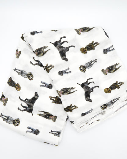 Unisex baby swaddle blanket featuring German Wirehaired Pointers printed on soft white fabric, ideal for newborn comfort and nursery use