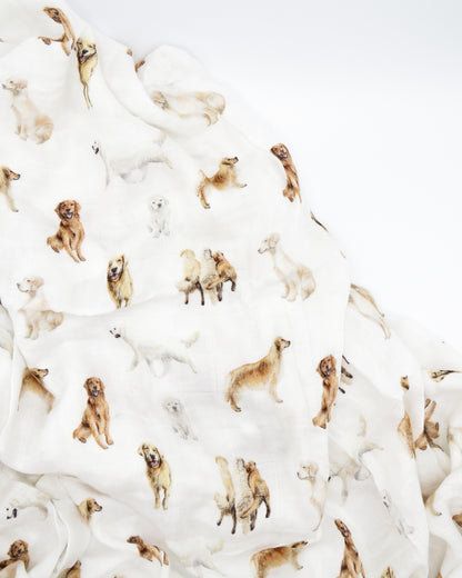 Golden Retriever print baby swaddle in organic cotton and bamboo blend