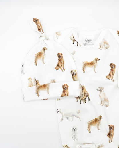 Golden Retriever print newborn gown and matching hat set