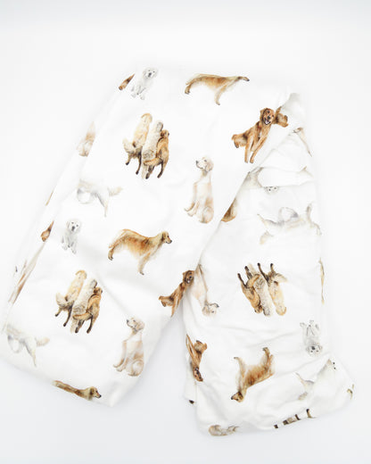 Golden Retriever print crib sheet for baby or toddler beds, printed on soft white fabric.