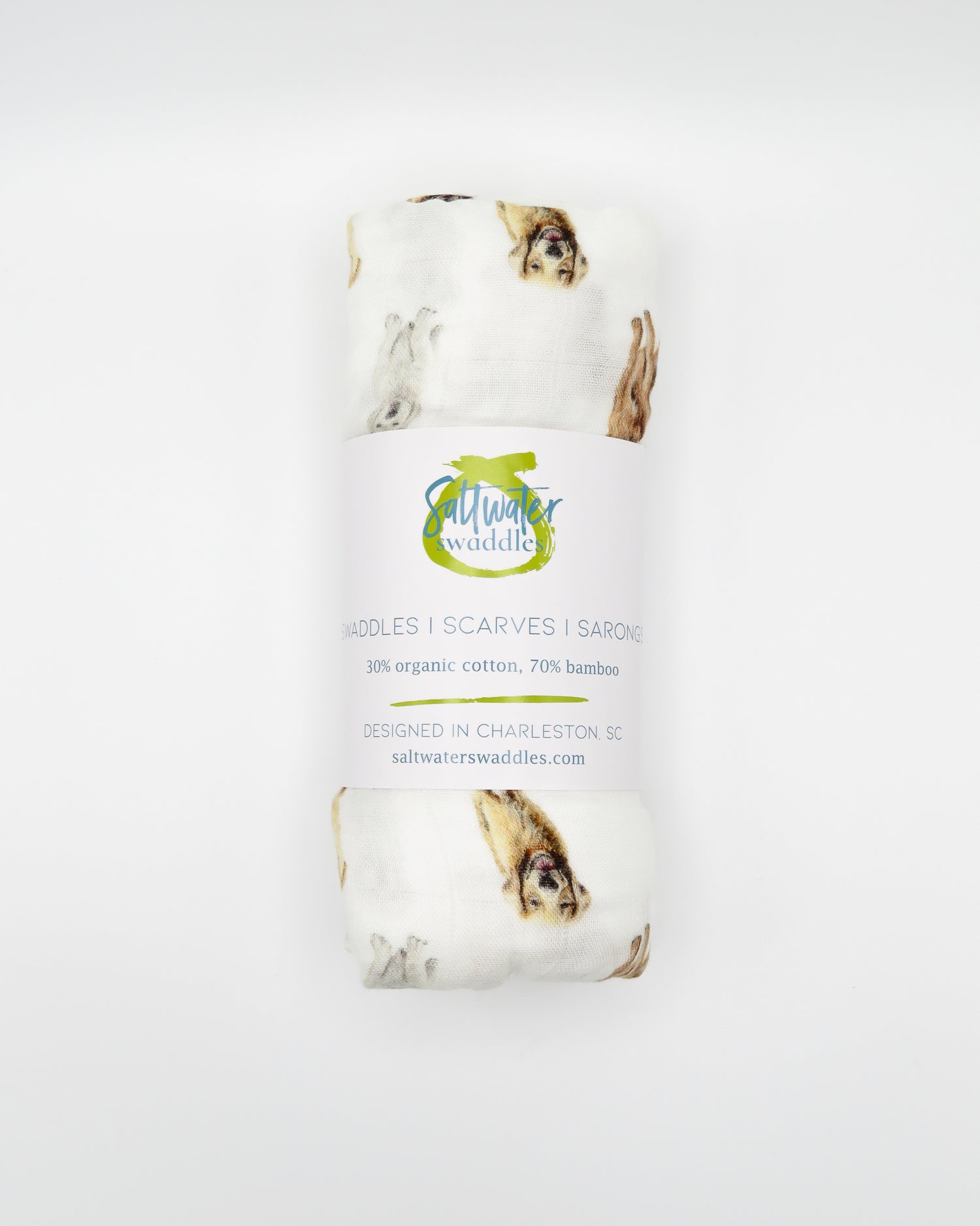 Golden Retriever print baby swaddle in soft white organic cotton and bamboo blend. A perfect for golden fans.