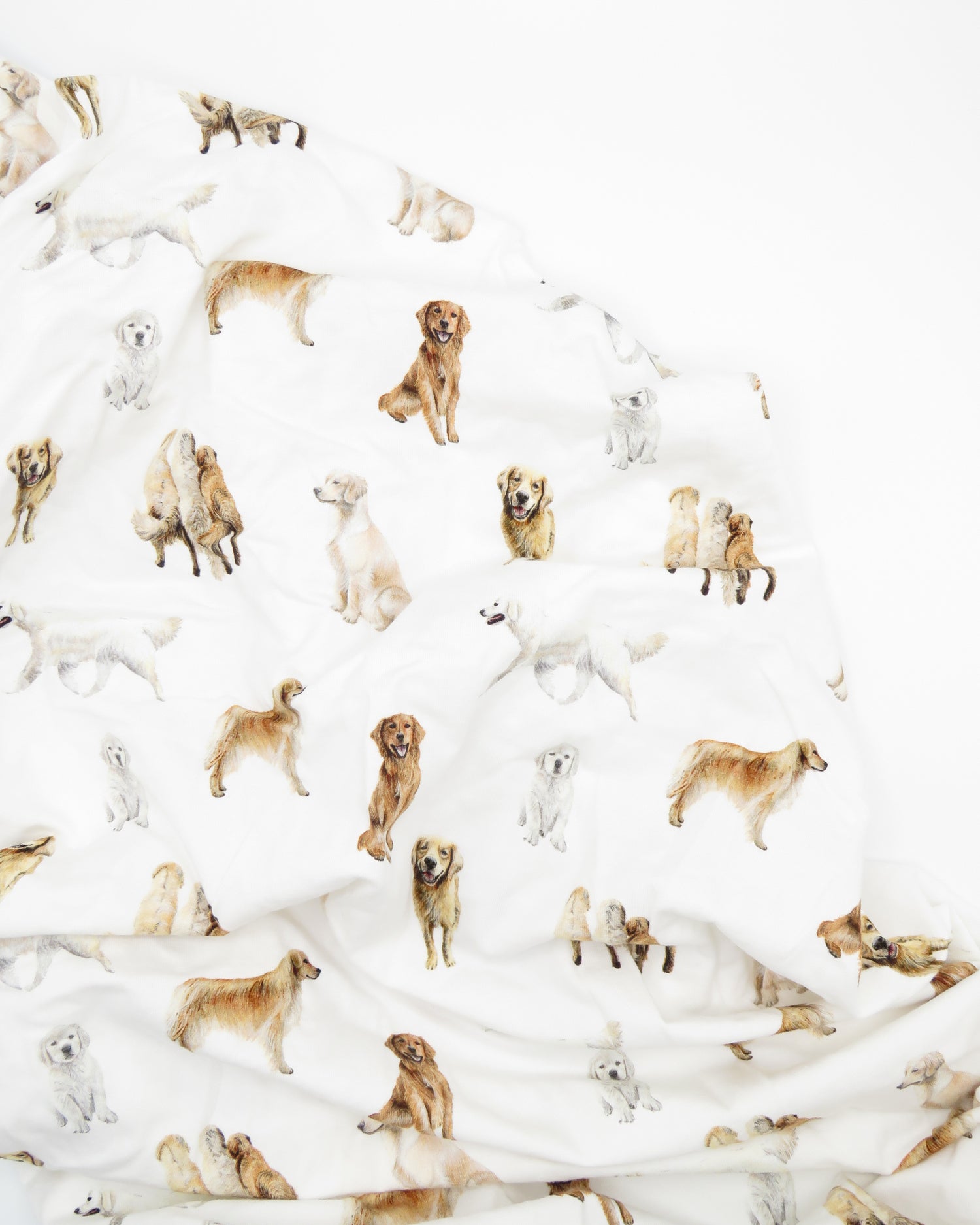 Golden Retriever print crib sheet for baby or toddler beds, printed on soft white fabric.
