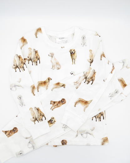 Golden Retriever dogs printed on kids pajamas in soft white cotton for sleepwear and loungewear, and with soft waistband and cuffs
