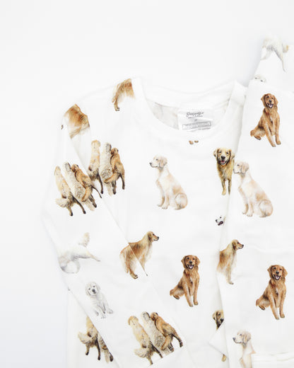 Golden Retriever dogs printed on kids pajamas in soft white cotton for sleepwear and loungewear, and with soft waistband and cuffs