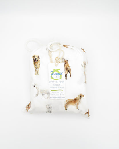 Golden Retriever print crib sheet for baby or toddler beds, printed on soft white fabric.