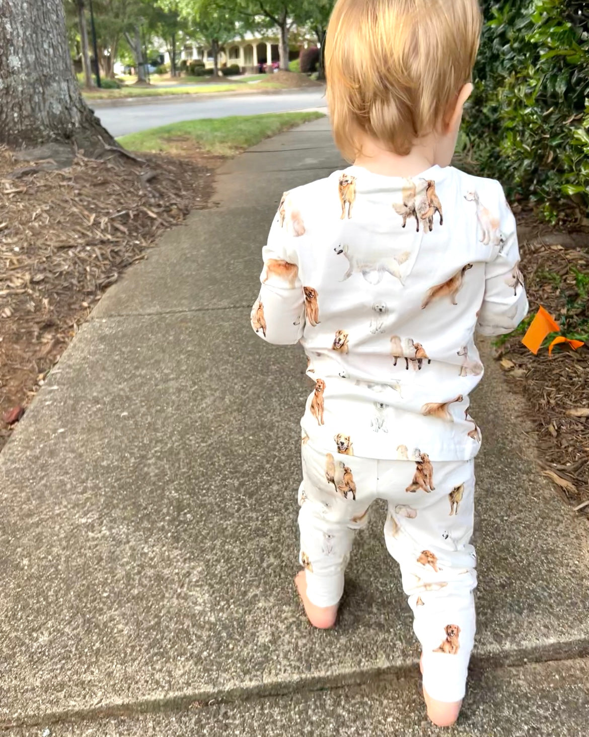 Golden Retriever dogs printed on kids pajamas in soft white cotton for sleepwear and loungewear, and with soft waistband and cuffs. Worn by a toddler outdoor.