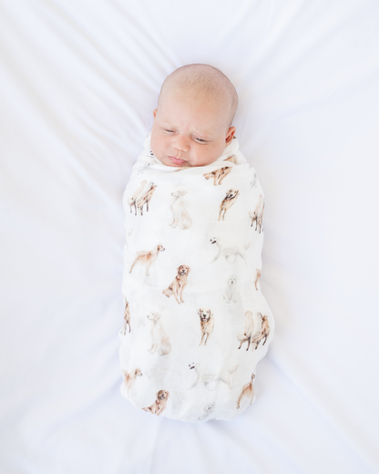Golden Retriever print baby swaddle in organic cotton and bamboo blend