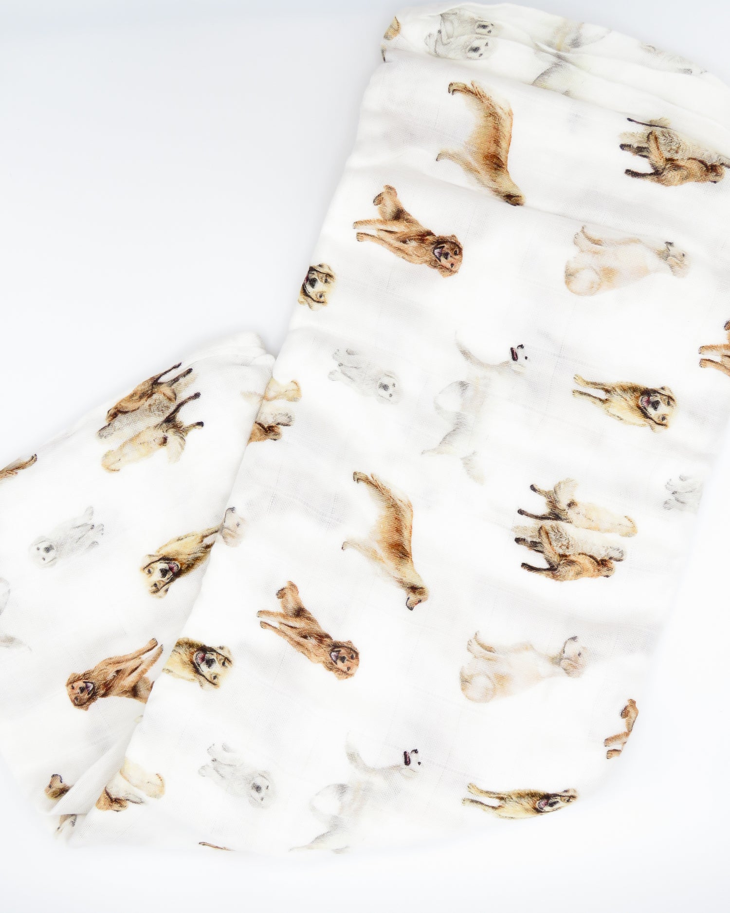 Golden Retriever print baby swaddle in soft white organic cotton and bamboo blend. A perfect for golden fans.