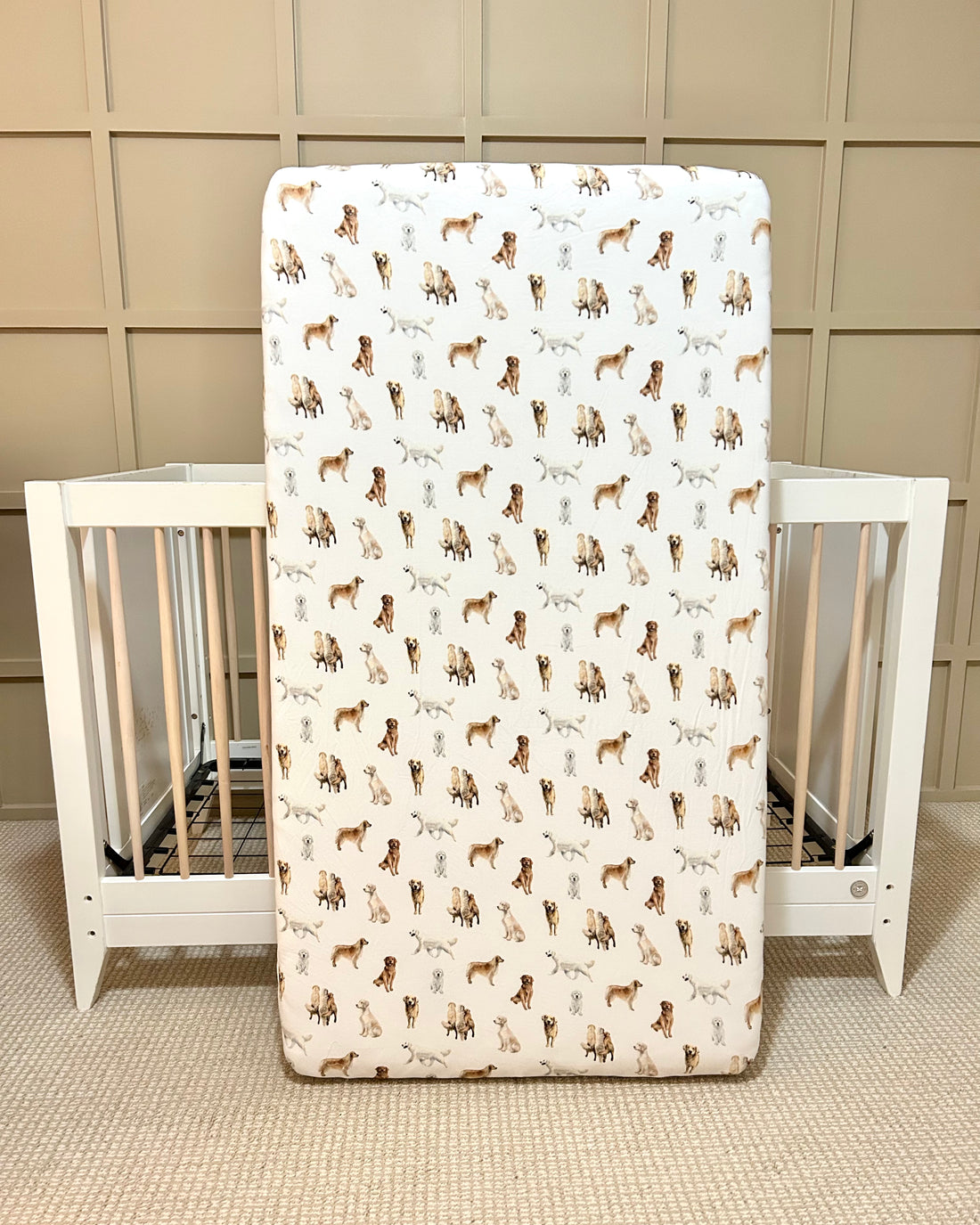 Golden Retriever print crib sheet for baby or toddler beds, printed on soft white fabric.