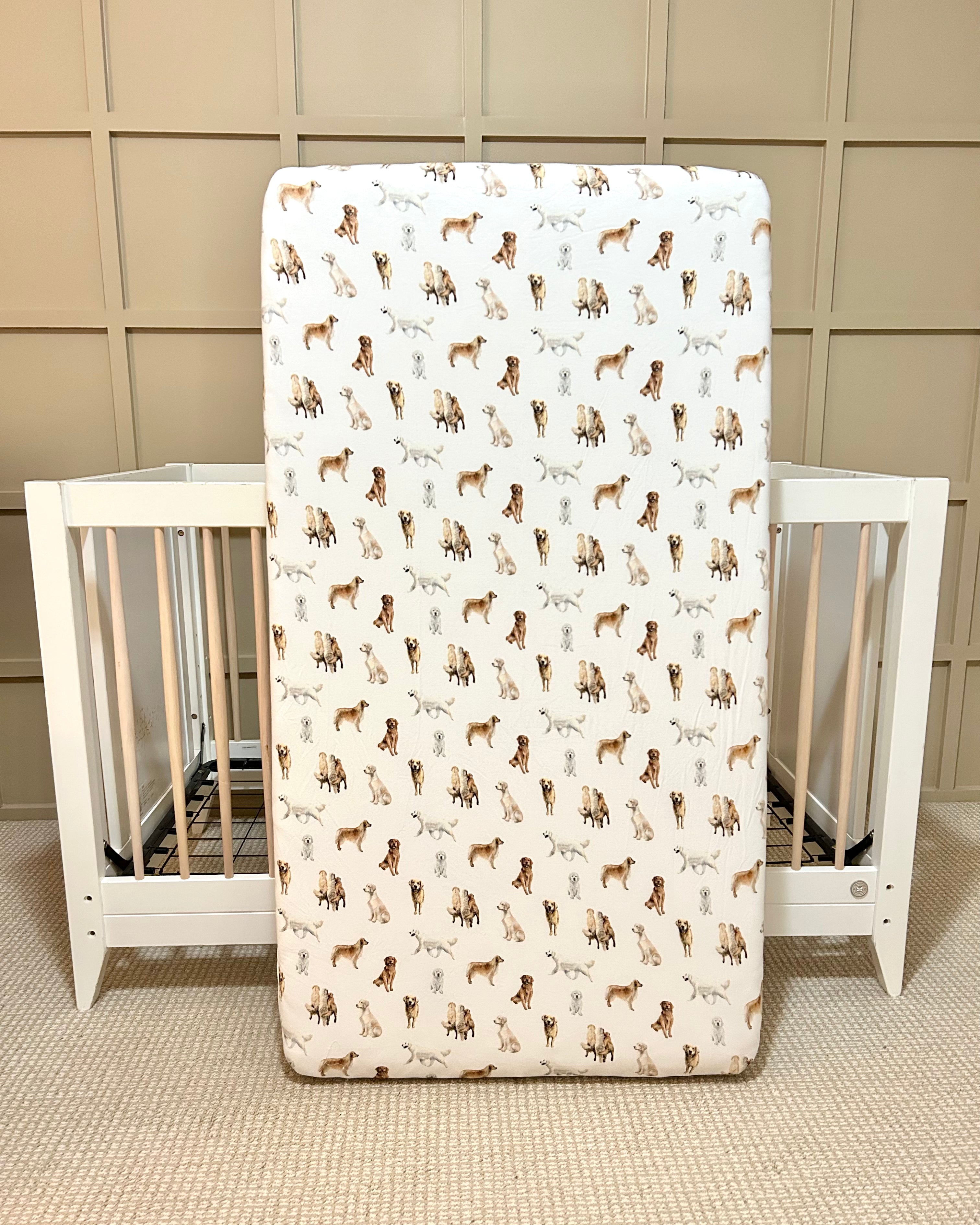 Golden Retriever print crib sheet for baby or toddler beds, printed on soft white fabric.