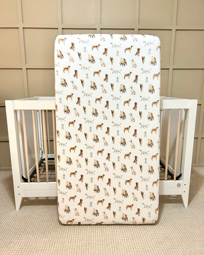 Golden Retriever print crib sheet for baby or toddler beds, printed on soft white fabric.
