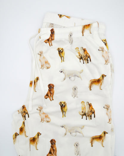 Unisex loungewear pants featuring golden retriever dog pattern perfect for dog lovers