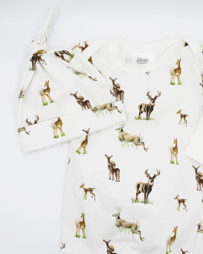 Little Fawn Big Yawn Deer newborn gown and matching hat, made from soft white cotton jersey with bottom flaps for knotting, cozy and perfect for your hospital bag.