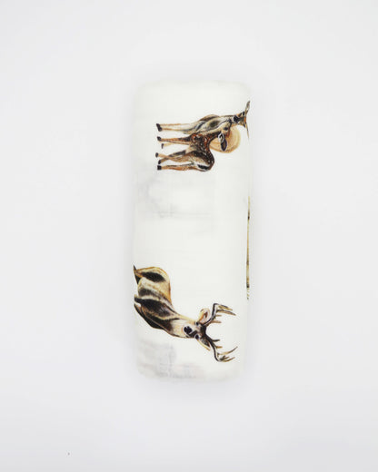 Little Fawn, Big Yawn Deer hand-painted swaddle with bucks, does, and fawn, perfect for your little sportsman or sportswoman, made from soft 30% white organic cotton and 70% bamboo blend.