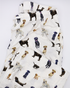 White adult pants with an all-over pattern of black, chocolate, and yellow labs, shown folded on a white background.