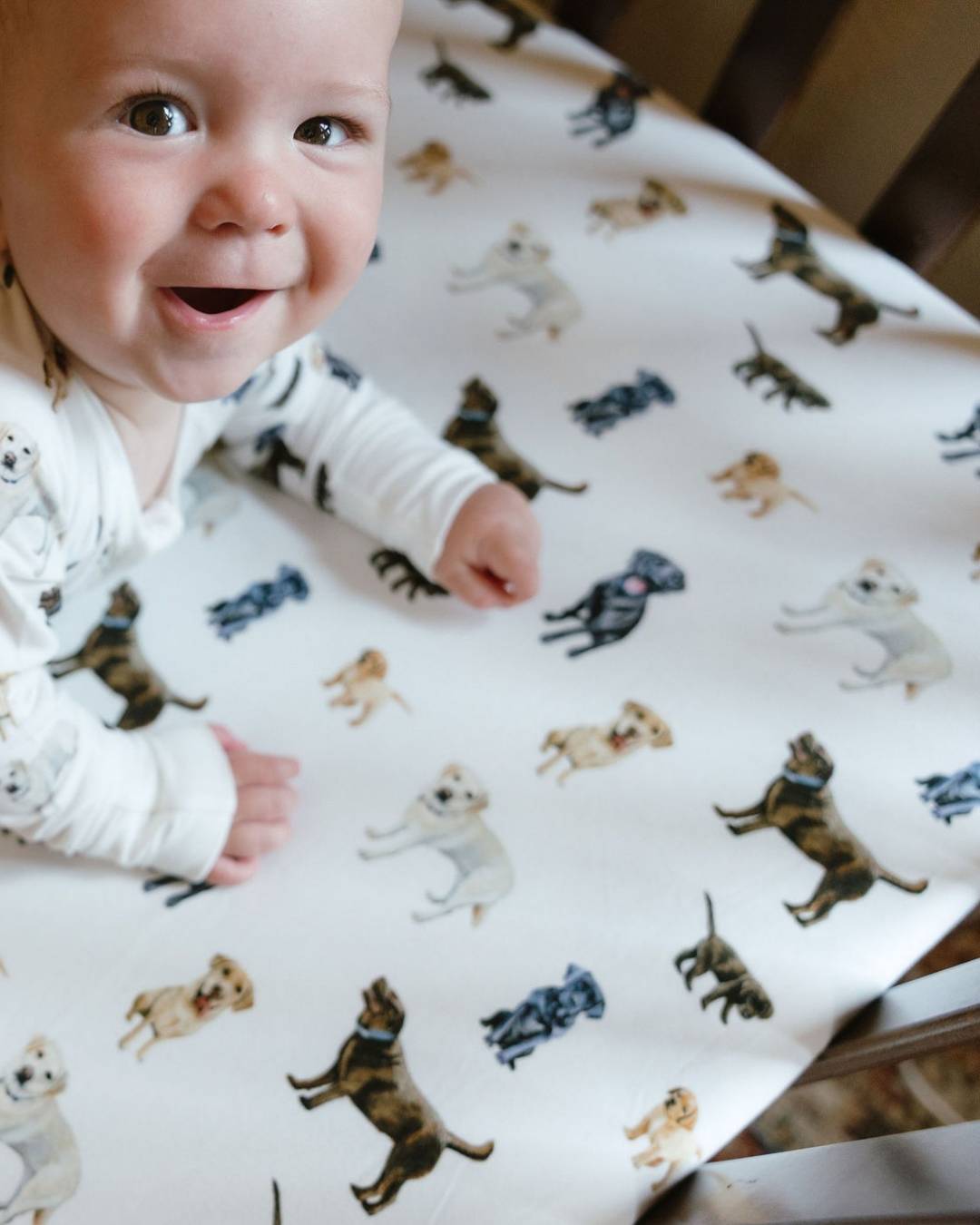 Baby enjoying a cozy moment on a soft white Loyal Labs printed crib sheet featuring an adorable all-over pattern of chocolate, yellow, and black Labrador retrievers.