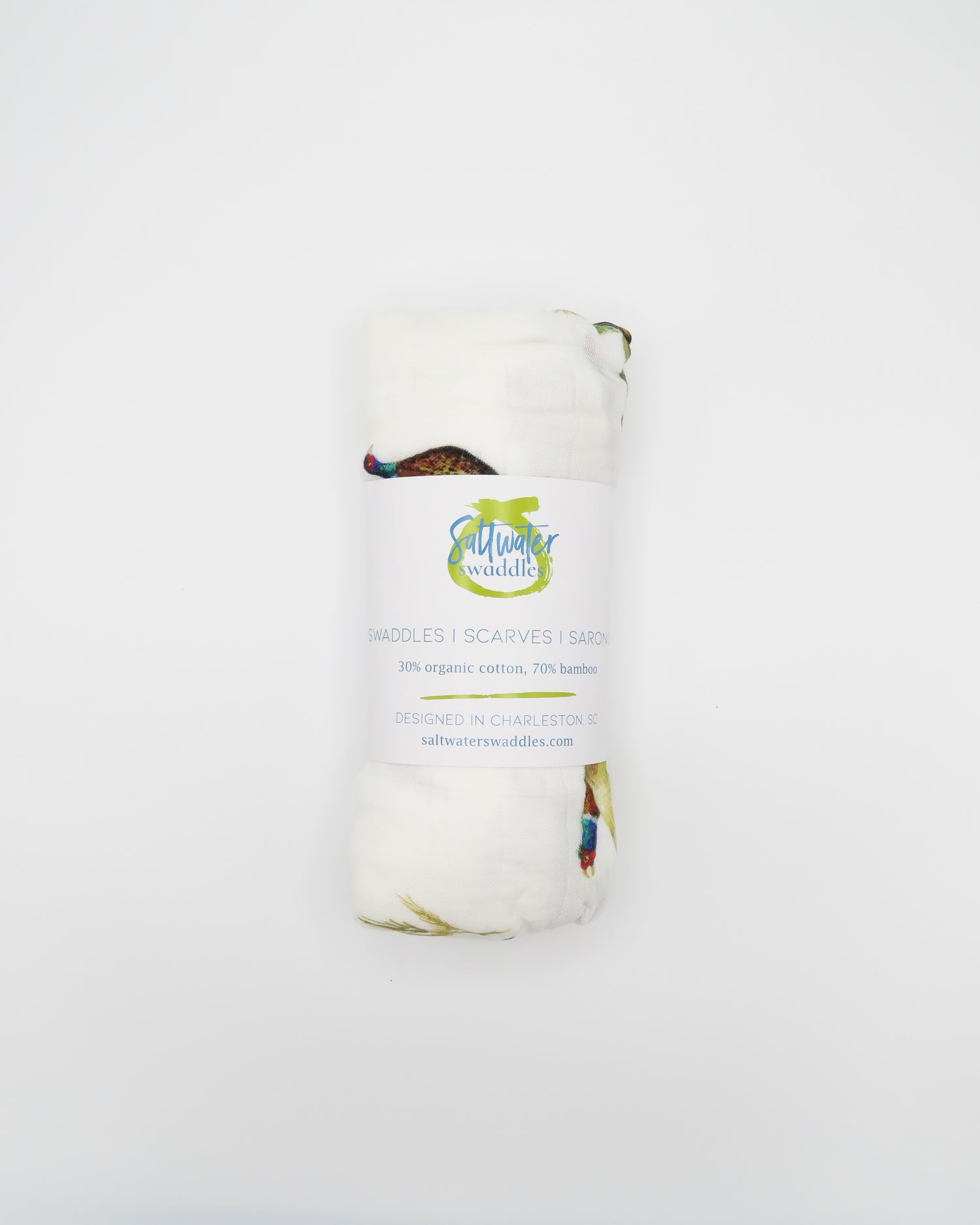 Pheasant and Quail Print Baby Swaddle – Vibrant nature-inspired design made from organic white cotton and bamboo, cozy and soft, rolled and displayed flat on a white background.
