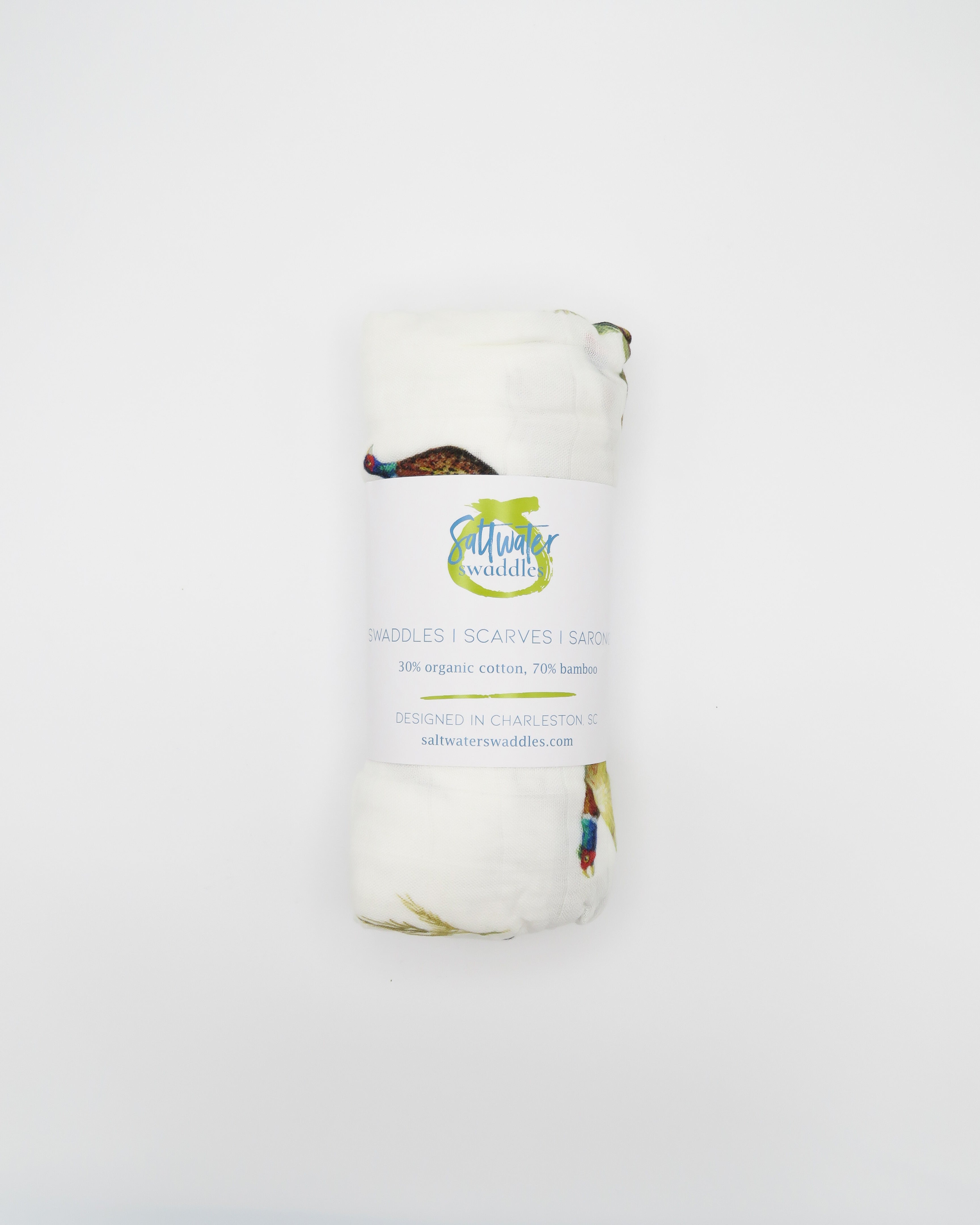 Pheasant and Quail Print Baby Swaddle – Vibrant nature-inspired design made from organic white cotton and bamboo, cozy and soft, rolled and displayed flat on a white background.