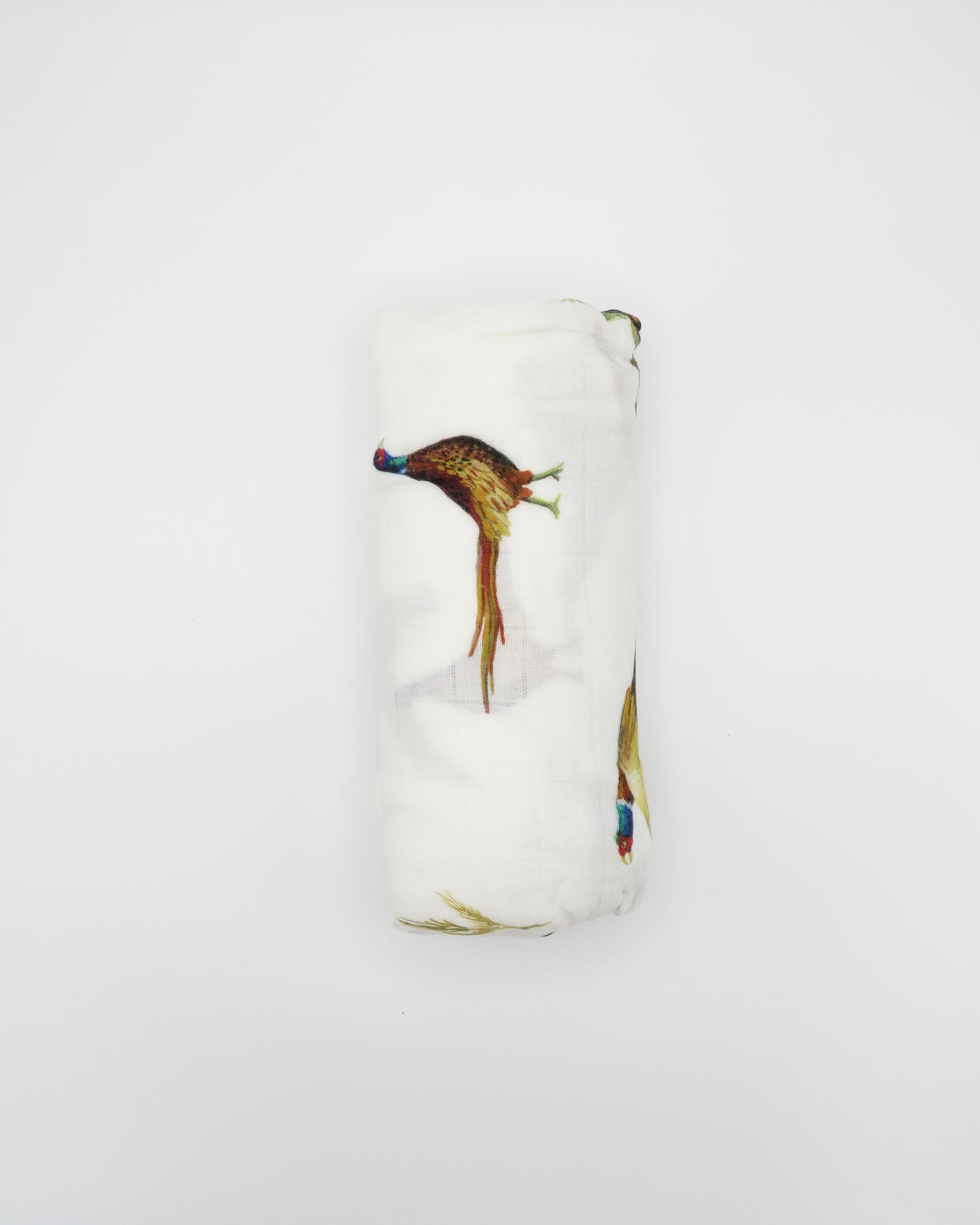 Pheasant and Quail Print Baby Swaddle – Vibrant nature-inspired design made from organic white cotton and bamboo, cozy and soft, rolled and displayed flat on a white background.