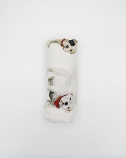 A swaddle with bulldogg printed on soft white fabric. Perfect for bulldog lovers.