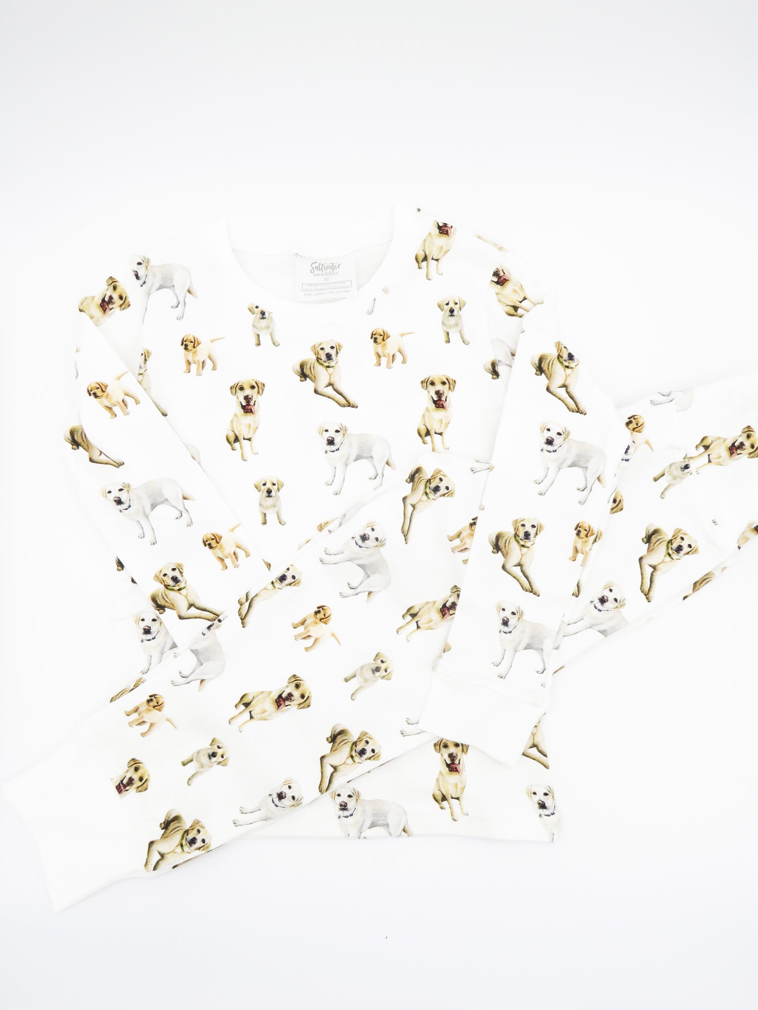 Yellow Labrador print kids pajamas set for bedtime - Sleepwear or loungewear worn by two kids outdoors.