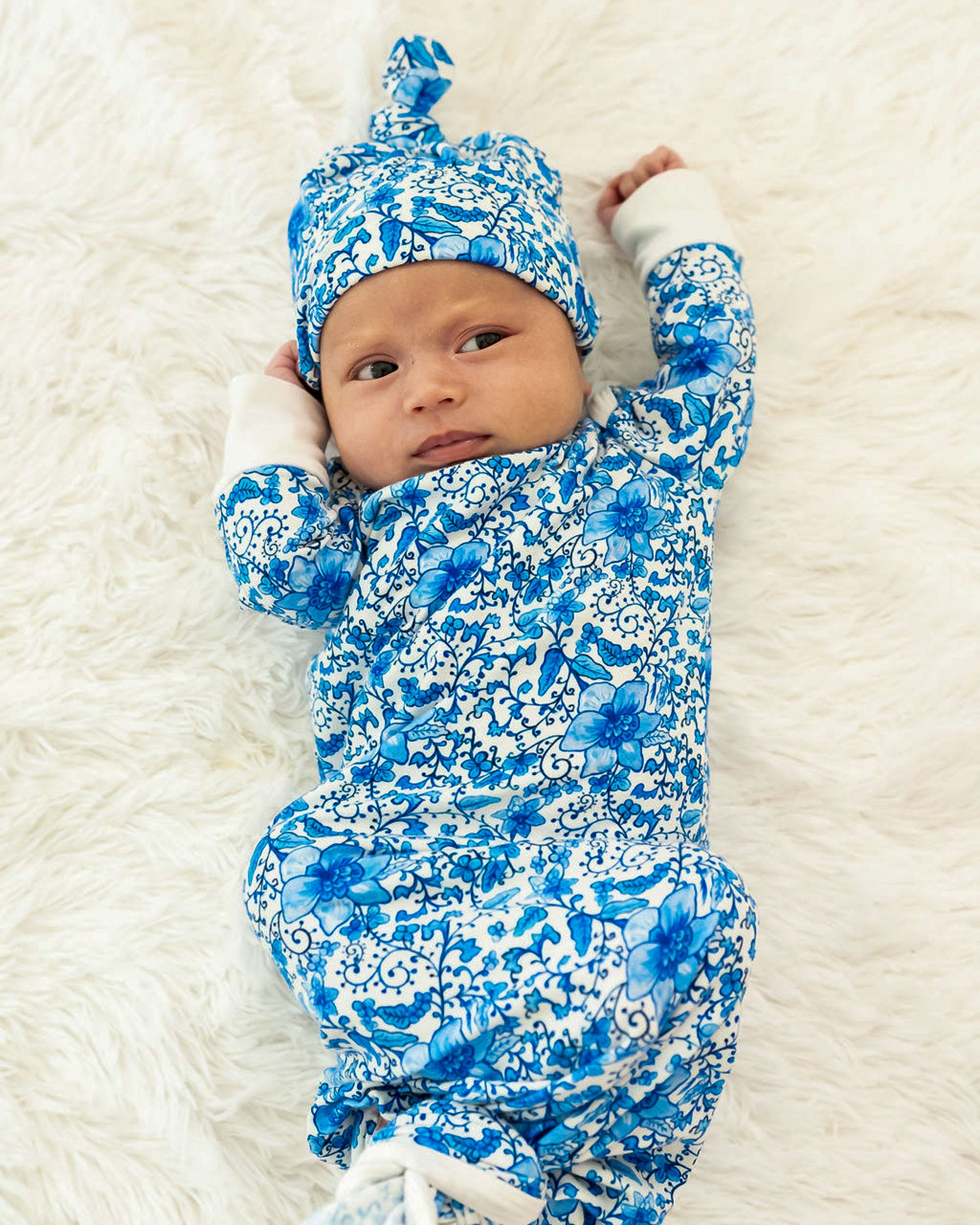 Charming Chinoiserie print newborn gown with matching hat for babies