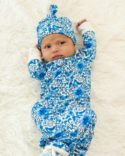 Charming Chinoiserie print newborn gown with matching hat for babies