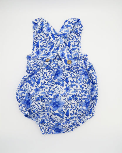 Charming Chinoiserie kids sunsuit in organic cotton with southern floral pattern