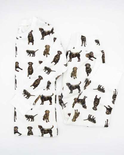 Adorable kids soft and comfy pajamas featuring Chocolate Labs printed on soft white fabric. 