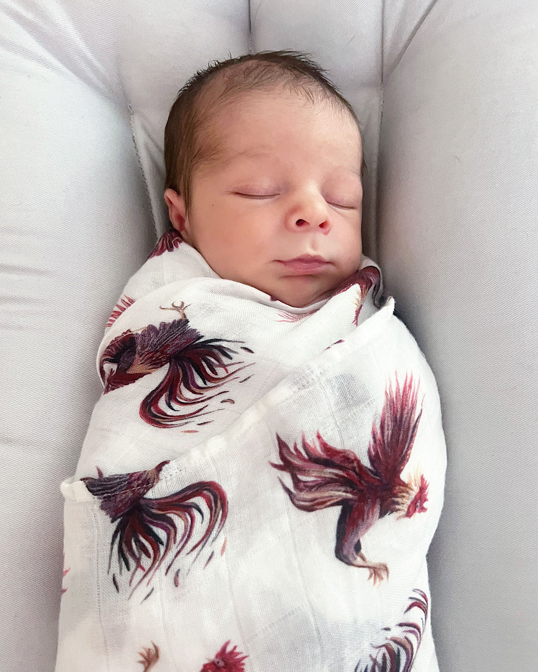 Newborn baby swaddled in a blanket with a gamecock pattern on a gray background.