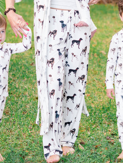 German Shorthaired Pointer print | Dog-themed adult pajama pants in soft white fabric, ideal for sleepwear and loungewear with stretchable comfort.