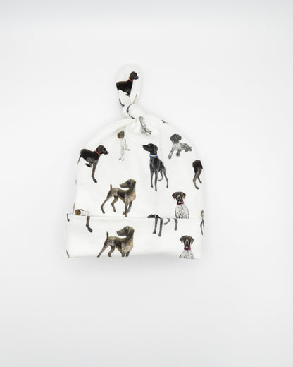 Unisex newborn hat with German Shorthaired Pointer printed on soft white fabric. Designed for newborn comfort.