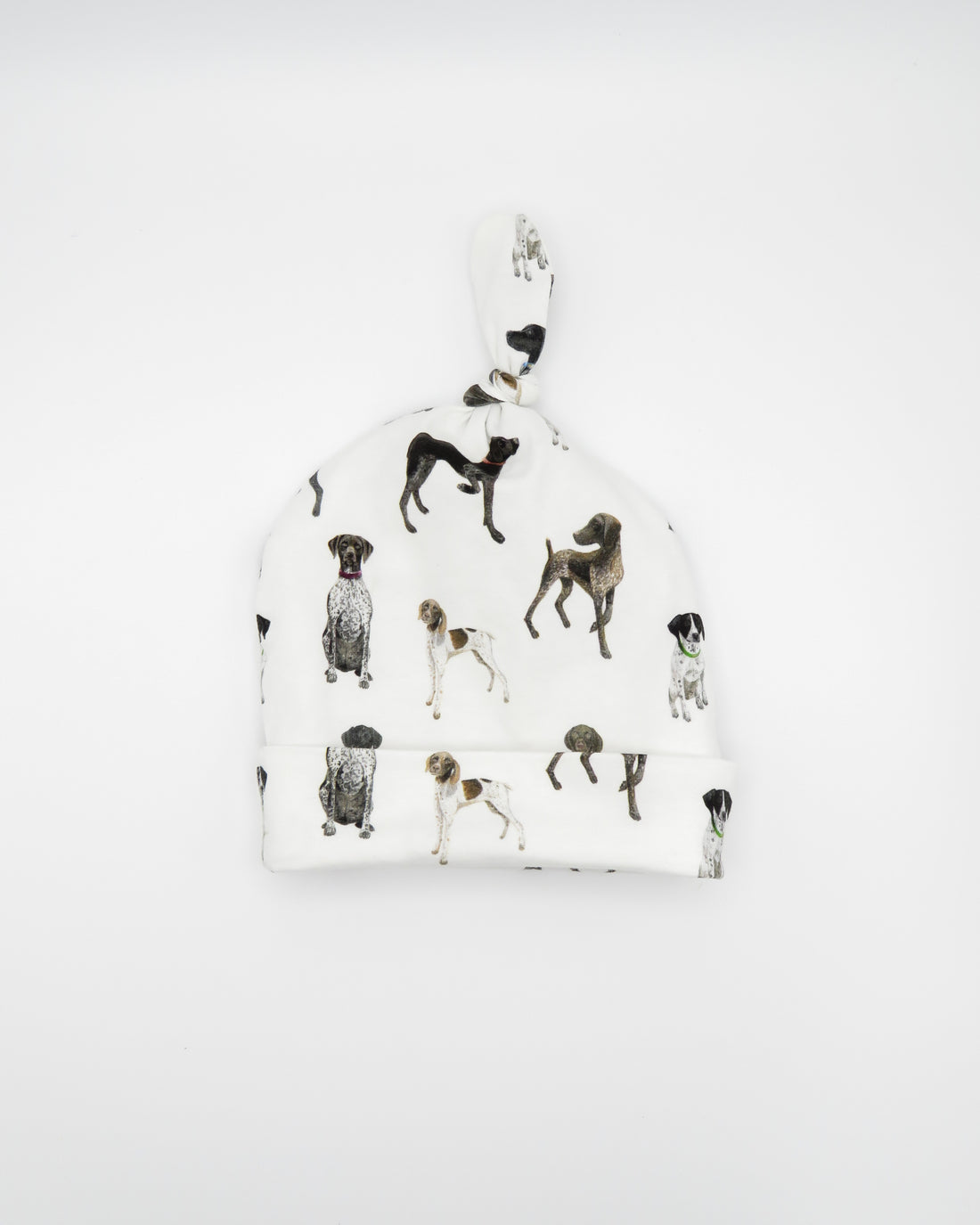 Unisex newborn hat with German Shorthaired Pointer printed on soft white fabric. Designed for newborn comfort.