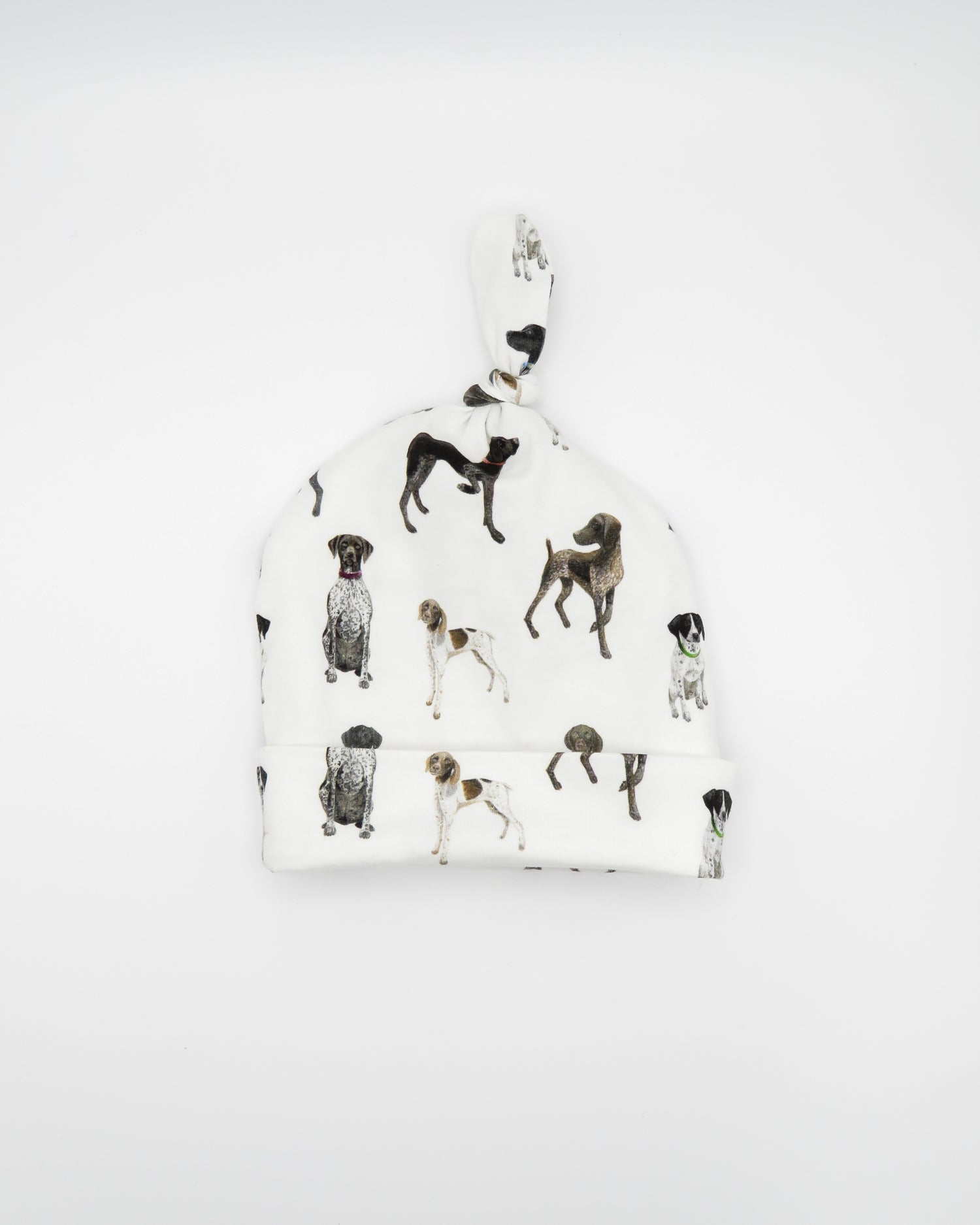Unisex newborn hat with German Shorthaired Pointer printed on soft white fabric. Designed for newborn comfort.