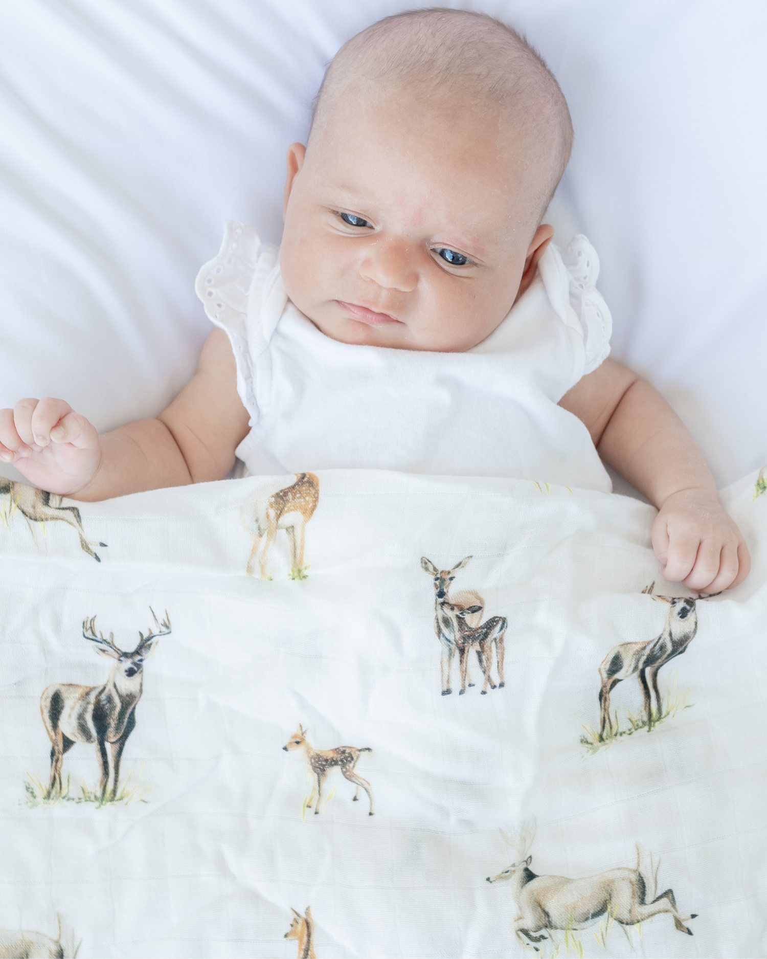 Little Fawn, Big Yawn Deer hand-painted swaddle with bucks, does, and fawn, perfect for your little sportsman or sportswoman, made from soft 30% white organic cotton and 70% bamboo blend. used by a baby.