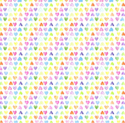 The All My Love Swaddle is displayed flat. A soft baby blanket featuring a rainbow-colored heart pattern.