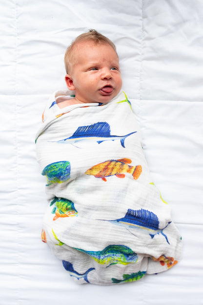 Hook Line &amp; Sleeper print baby swaddle blanket | soft eco-friendly baby swaddle organic cotton bamboo blend
