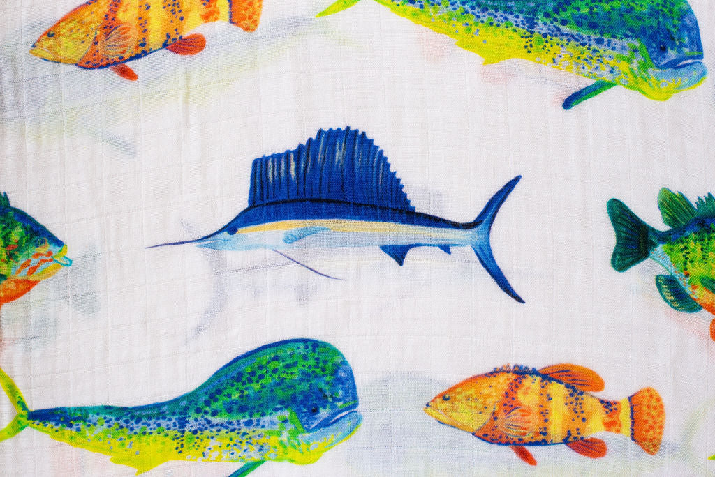 Hook Line &amp; Sleeper print baby swaddle blanket | soft eco-friendly baby swaddle organic cotton bamboo blend