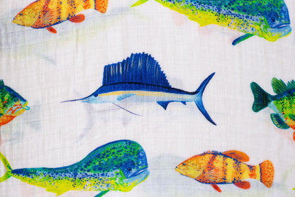Hook Line &amp; Sleeper print baby swaddle blanket | soft eco-friendly baby swaddle organic cotton bamboo blend