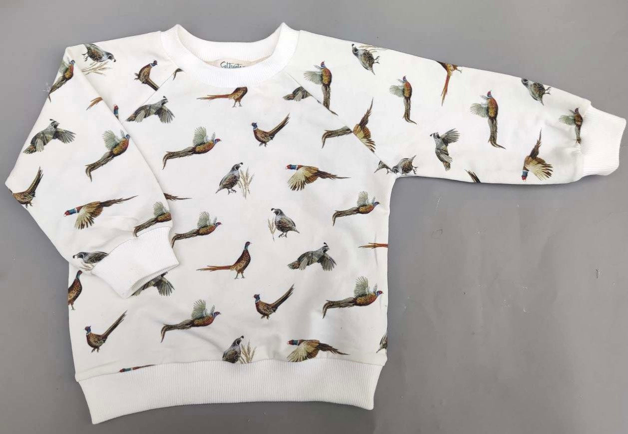 Soft Organic Cotton Kids Drop Sleeve Sweatshirt with Pheasant and Quail Print
